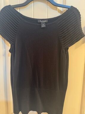White House Black Market Black Ribbed Cap-Sleeve Knit Top